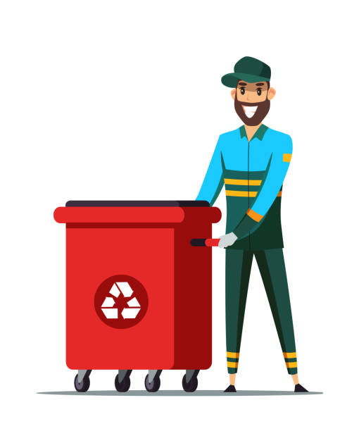 ilustrações, clipart, desenhos animados e ícones de ilustração lisa do vetor do homem de lixo alegre - gari