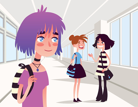 Cheerful girl looking at two school friends talking and laughing together. Vector.