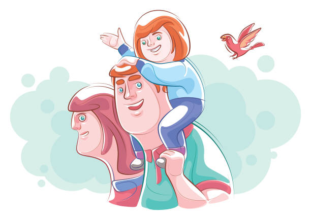 stockillustraties, clipart, cartoons en iconen met vrolijk meisje met ouders - piggyback funny