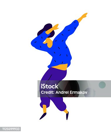 istock Cheerful guy in a blue sweatshirt. Vector. Illustration of a dancing young man. Internet meme. Character for the dance studio. Flat style. Company logo. Positive happy person. 1125599933