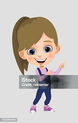 istock Cheerful happy girl with a friendly face standing with outstretched arms.  Cartoon style child avatar flat vector character design illustration isolated on white background. 1320354942