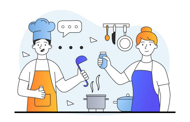 ilustrações de stock, clip art, desenhos animados e ícones de cheerful male and female characters are cooking soup or salad together at the kitchen - woman chopping vegetables