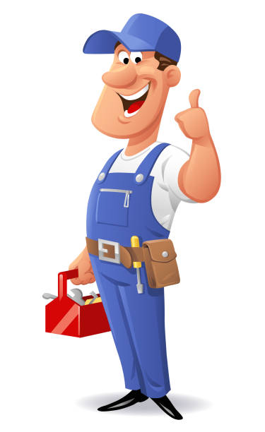Cheerful Mechanic Vector illustration of a cheerful mechanic in blue coveralls holding a red tool box and gesturing thumbs up. mechanic clipart stock illustrations