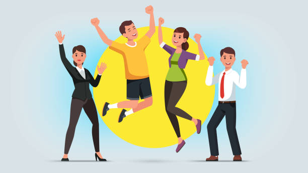 Cheerful men and women wearing casual and formal clothes raising hands and jumping. Diverse people celebrating business success or win achievement. Flat isolated vector character illustration Cheerful men and women wearing casual and formal clothes raising hands and jumping. Diverse people celebrating business success or win achievement. Flat style vector character illustration entrepreneur clipart stock illustrations