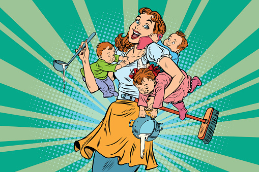 Cheerful mother with three children working and talking on the phone. Comic pop art illustration vector drawing