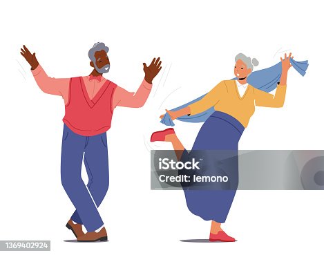 istock Cheerful Old People Dancers. Elderly Man and Woman Fun, Leisure or Active Hobby Concept. Senior Characters Dance 1369402924