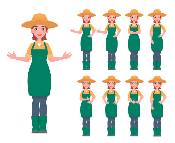 illustrations, cliparts, dessins animés et icônes de jolie fille gaie de fermier. différents ensembles de poses. illustration vectorielle - portrait agriculteur