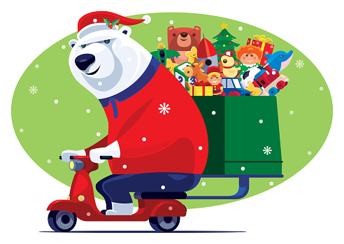 cheerful Santa polar bear carrying toys with scooter