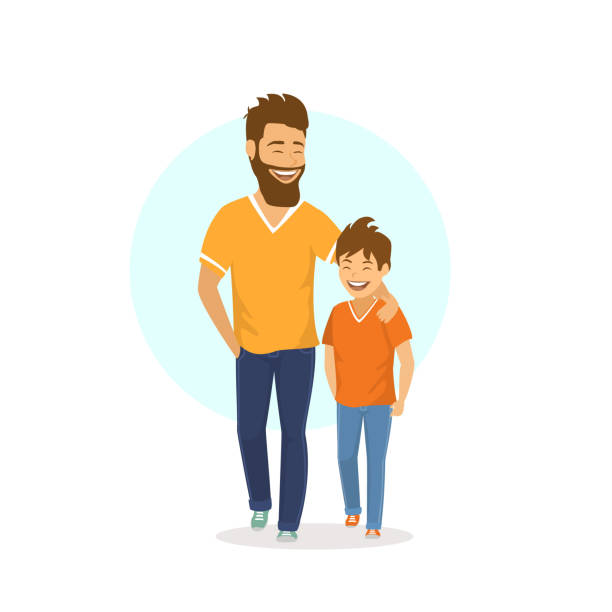 ilustraciones, imágenes clip art, dibujos animados e iconos de stock de alegre sonrisa risa padre y el hijo caminando, hablando - father and child