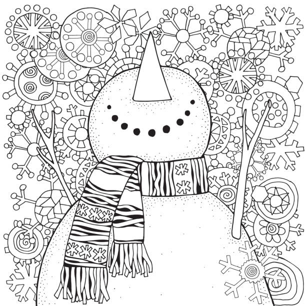 Cheerful snowman and snowflakes. Winter, snow, sled, carrot, buttons. Merry Christmas, Happy New Year. Pattern for adult coloring book. Black and white. Cheerful snowman and snowflakes. Pattern for adult coloring book. adult coloring stock illustrations