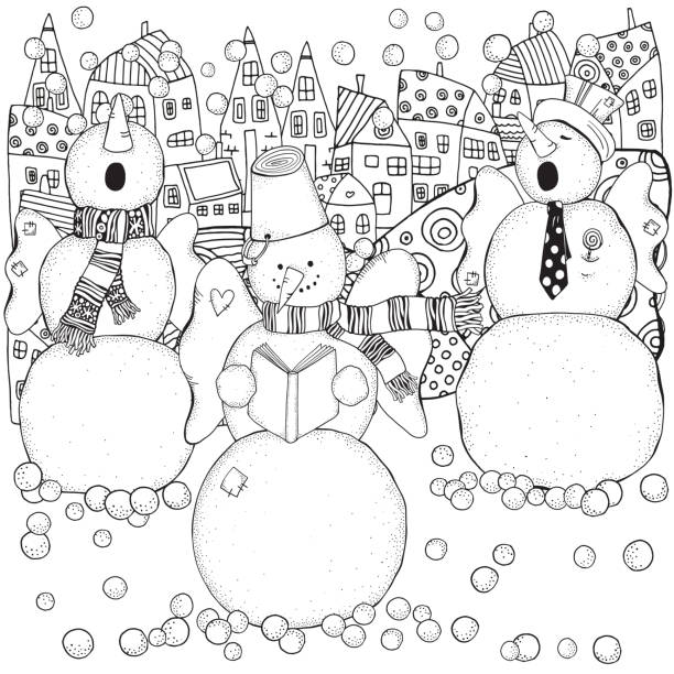 Cheerful snowmen sing songs . Winter, snow, chorus. Merry Christmas, Happy New Year. Pattern for adult coloring book. Black and white. Cheerful snowmen sing songs. Pattern for adult coloring book. christmas coloring stock illustrations