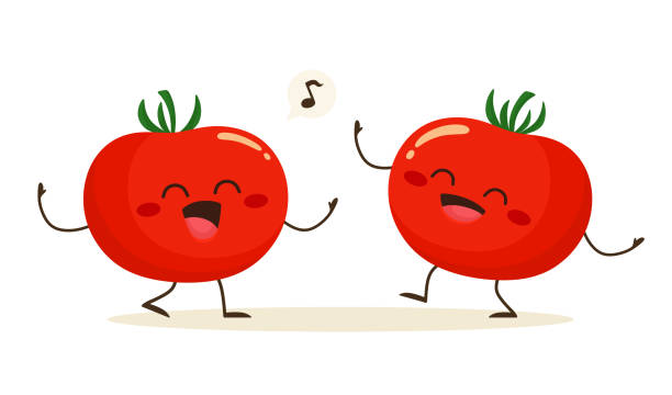 Cheerful tomatoes sing a song together. Vector illustration in flat cartoon style. Cheerful tomatoes sing a song together. Vector illustration in flat cartoon style. tomato cartoon stock illustrations