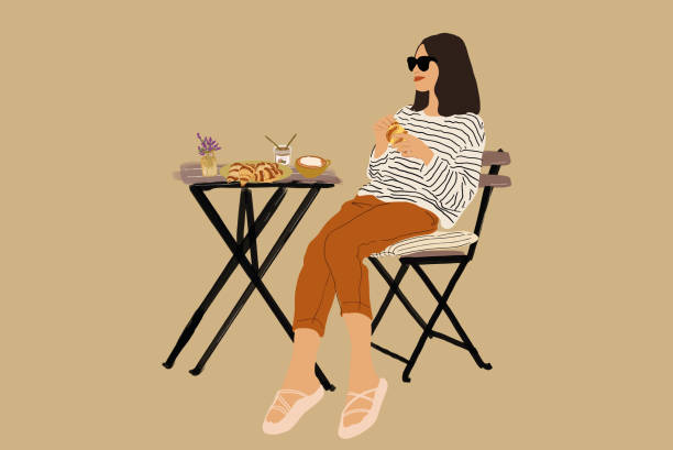 stockillustraties, clipart, cartoons en iconen met vrolijke vrouwenzitting bij een lijst met croissant. - woman eating