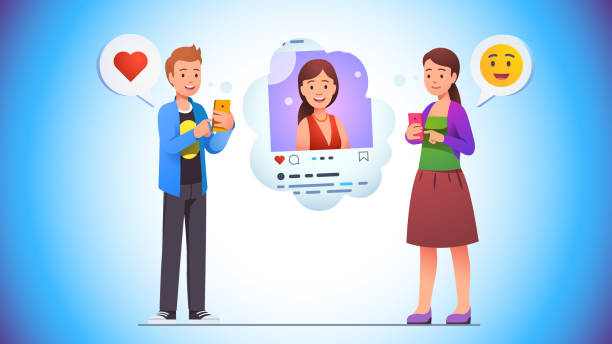 Cheerful young man giving like love heart to social network photo post of smiling woman on his phone app. Woman responds with smile emoticon. Communication concept. Flat vector illustration Cheerful young man giving like love heart to social network photo post of smiling woman on his phone app. Woman responds with smile emoticon. Communication concept. Flat style vector character isolated illustration sharing photos stock illustrations