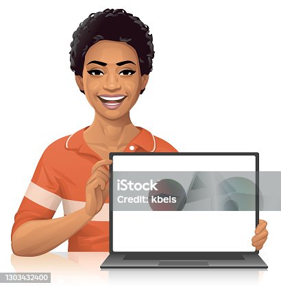 istock Cheerful Young Woman Showing Laptop Screen 1303432400