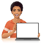 A cheerful young woman sitting at a desk showing a laptop with a blank screen. Vector illustration with space for text.