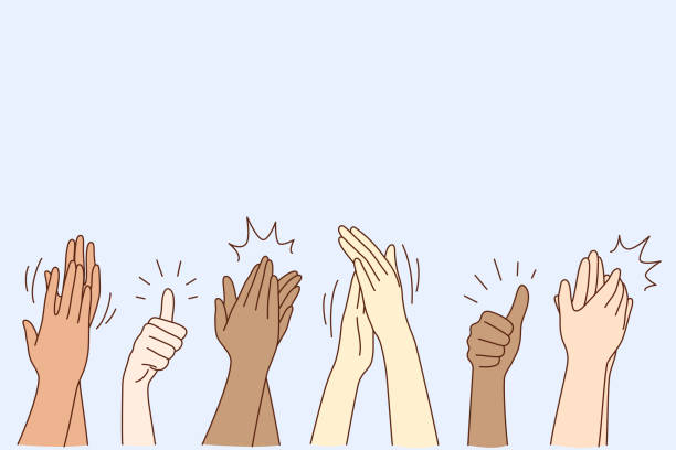 Cheering, ovation, applauding concept Cheering, ovation, applauding concept. Hands of various people male or female showing thumbs up, applauding, supporting somebody or cheering by gesture vector illustration clapping stock illustrations