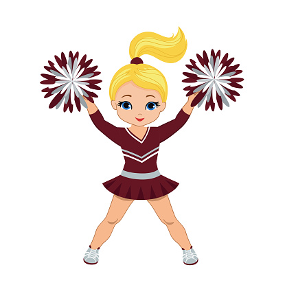 Cheerleader in maroon and silver uniform with Pom Poms.