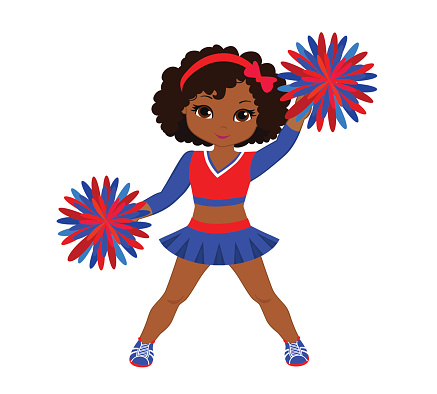 Cheerleader in red blue uniform with Pom Poms.