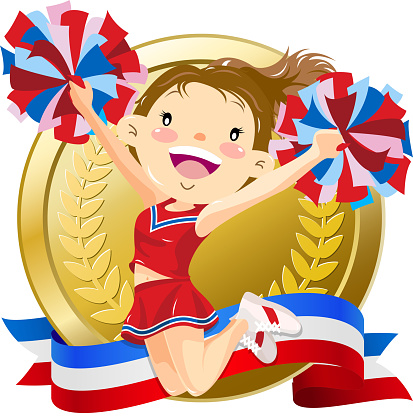 Cheerleader jumping in front of golden medal