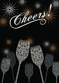 Stylized lacy champagne glasses with abstract fireworks background. Great for New Years, Christmas, Anniversaries, or any Celebration. Highly detailed with grapes, vines, and bubbles. Masked file for editing if needed. 