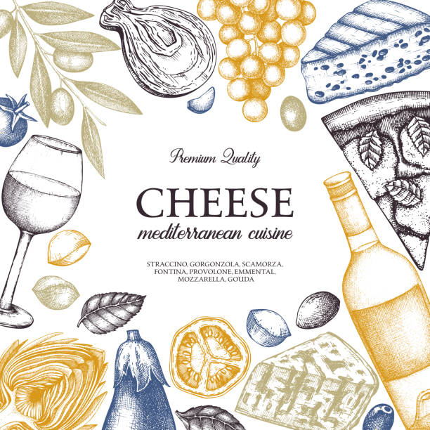 Cheese and wine vector design Mediterranean cuisine design. Hand sket food and drinks illustrations. Vintage cheese, fruits, vegetables, wine drawings. Dairy products frame on white background. Restautant menu template. cheese illustrations stock illustrations