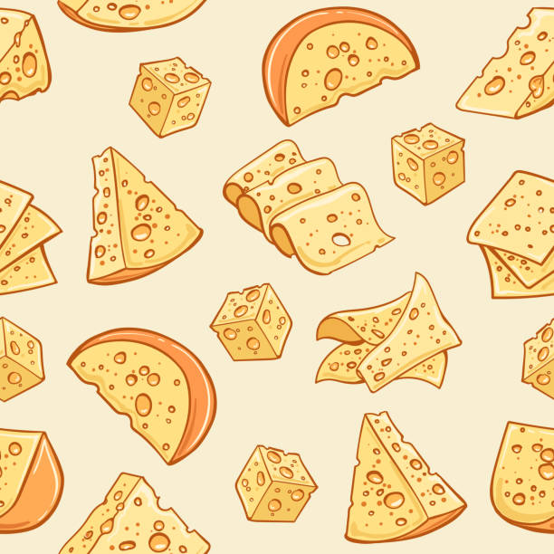 Cheese doodle pattern Cheese doodle pattern. Vector supermarket delicatessen eating snack background with pieces of cheese cheese drawings stock illustrations