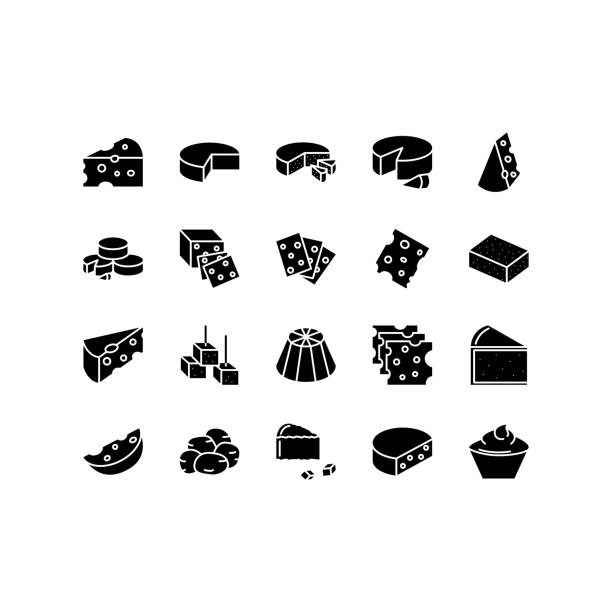 Cheese flat line icons set on white background. Parmesan, mozzarella, ricotta vector illustrations. Outline signs for store, can be used in logo, UI and web design Cheese flat line icons set on white background. Parmesan, mozzarella, ricotta vector illustrations. Outline signs for store, can be used in logo, UI and web design. cheese icons stock illustrations