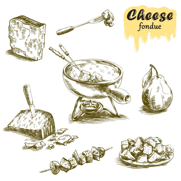 cheese fondue sketches hand drawn sketches of cheese fondue on a white background parmesan cheese illustrations stock illustrations
