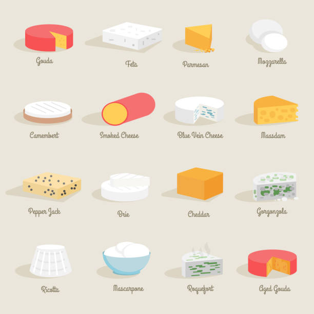 cheese icon flat Delicious fresh cheese variety icon flat set isolated vector illustration cheddar cheese stock illustrations