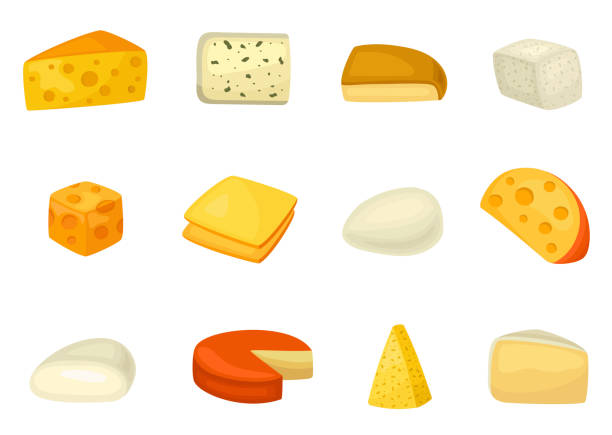 Cheese icon set, delicious and healthy assortment Cheese icon set, delicious and healthy assortment. Dairy product assortment. Vector flat style cartoon illustration isolated on white background cheese stock illustrations