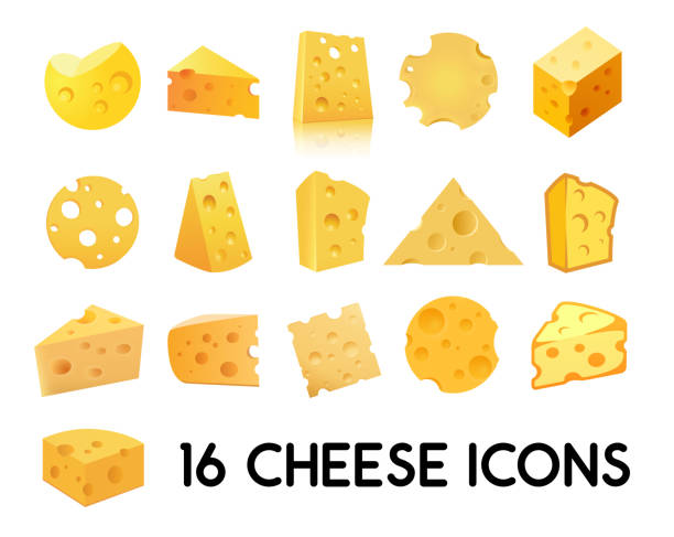 Cheese Icon Set isolated on white background. Vector illustration in EPS 10. Cheese Icon Set isolated on white background. Vector illustration of Beautiful dairy products of different forms, EPS 10. cheddar cheese stock illustrations