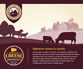 Modern style cheese label. Dairy farm or farming design elements. Vector cheese illustration with rural landscape, cows, sheep, goat for groceries, agriculture stores, packaging and advertising.