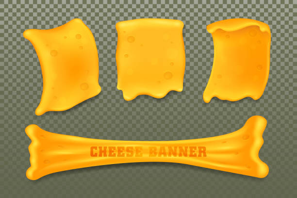 Cheese or curd templates set, vector banners Cheese or curd templates set. Vector realistic banners of sticky milk product, sliced snack. Stretched and melted cheddar cheese elements. Stretchy texture, blank mockup. Natural dairy food. cheddar cheese stock illustrations