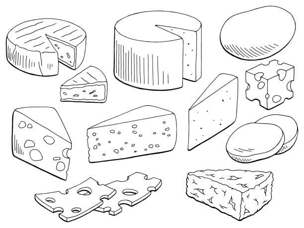 Cheese set graphic black white isolated food sketch illustration vector Cheese set graphic black white isolated food sketch illustration vector brie stock illustrations