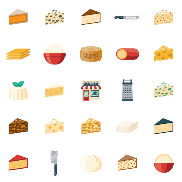 Cheese Shop Icon Set A set of flat design cheese shop icons. File is built in the CMYK color space for optimal printing. Color swatches are global so it’s easy to edit and change the colors. cheddar cheese stock illustrations