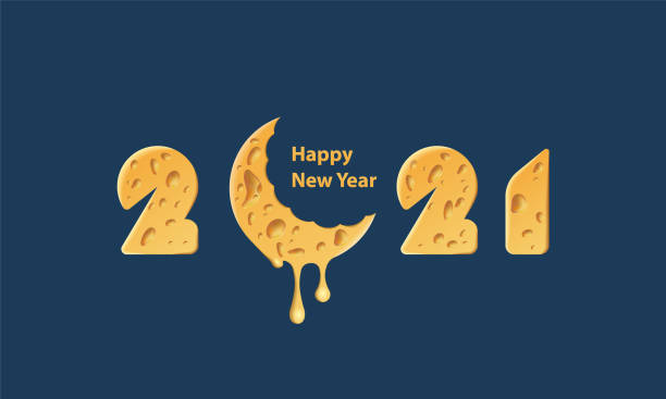ilustraciones, imágenes clip art, dibujos animados e iconos de stock de textura de queso 2021 diseño de texto para menú de vacaciones pizzería. silueta realista de la luna de queso para el estandarte del feliz año nuevo. - lunar new year