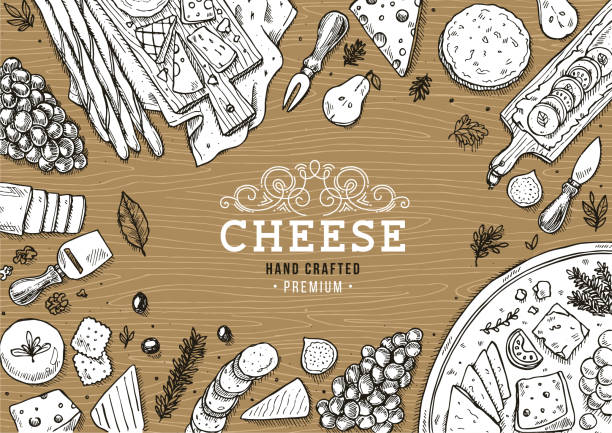Cheese vertical banner collection. Antipasto table background. Vector illustration cheese backgrounds stock illustrations
