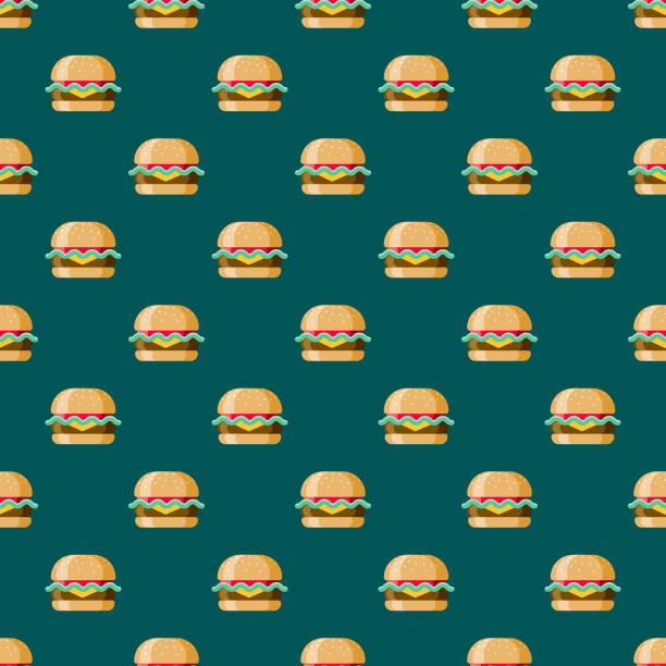Cheeseburger Fast Food Seamless Pattern A seamless pattern created from a single flat design icon, which can be tiled on all sides. File is built in the CMYK color space for optimal printing and can easily be converted to RGB. No gradients or transparencies used, the shapes have been placed into a clipping mask. sandwich backgrounds stock illustrations
