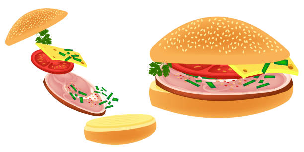 stockillustraties, clipart, cartoons en iconen met cheeseburger. sandwich. cheeseburger met gerookte varkensvlees. broodje met boter, kaas, tomaten, peterselie en delicatesse vlees. vector. - meat loaf