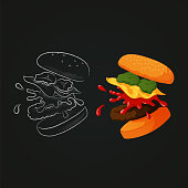 Vector illustration of a flying cheeseburger separated into layers showing ingredients: bun, pickled cucumbers, cheese, ketchup and meat. Colorful and drawn with chalk on a blackboard.