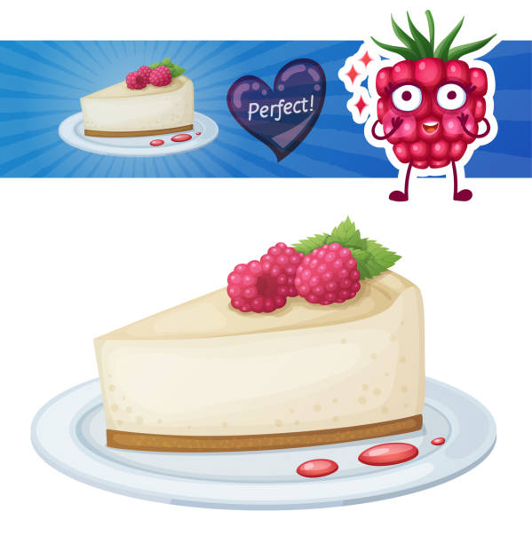 ilustrações de stock, clip art, desenhos animados e ícones de cheesecake with raspberry icon. cartoon vector illustration with berry character - serving a slice of cake
