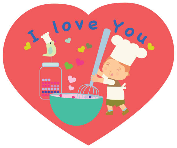 Chef boy baking a cake with cute bird character for celebration Cute chef boy is celebrating a special day with the help of his bird friend, seen mixing cake batter with a beater to celebrate a special event cute turkey cupcakes stock illustrations