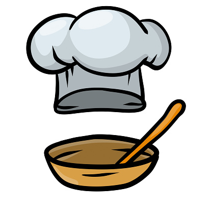 Chef hat and dish. Wooden spoon and plate. Cook white Clothes.