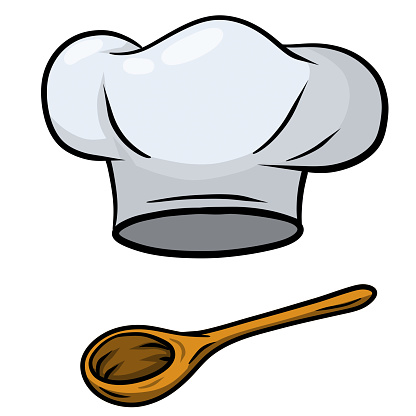 Chef hat. Wooden spoon. Cook white Clothes.