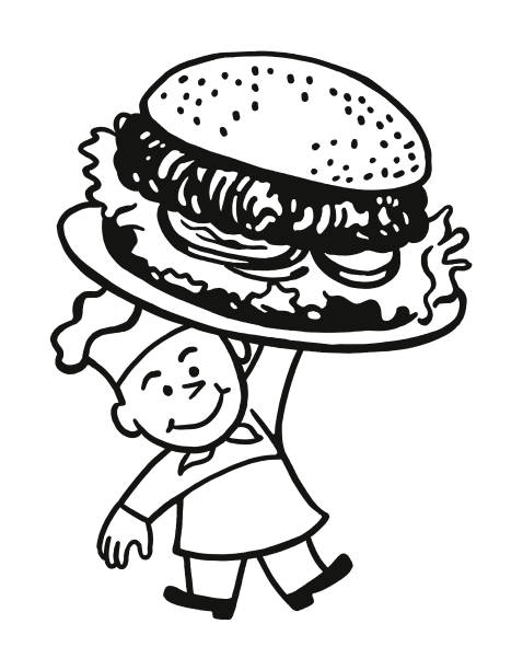 illustrations, cliparts, dessins animés et icônes de chef tenant un hamburger géant - eating burger