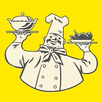 Chef Holding a Soup Tureen and Plate of Chicken