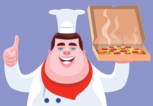 chef holding pizza and gesturing thumbs up