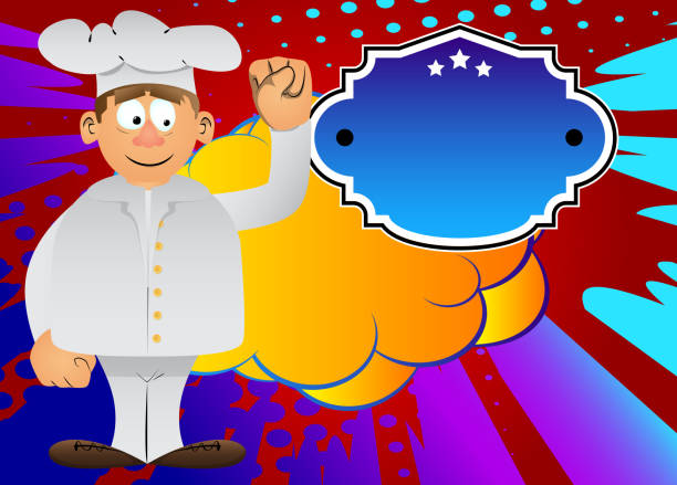 ilustraciones, imágenes clip art, dibujos animados e iconos de stock de chef en uniforme haciendo poder a la gente gesto de puño. - rich strike