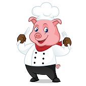 Chef pig cartoon mascot holding fork and knife isolated on white background